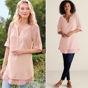 Soft Surroundings cotton silk Size Large Tunic Pale Pink, Eyelet Embroidered